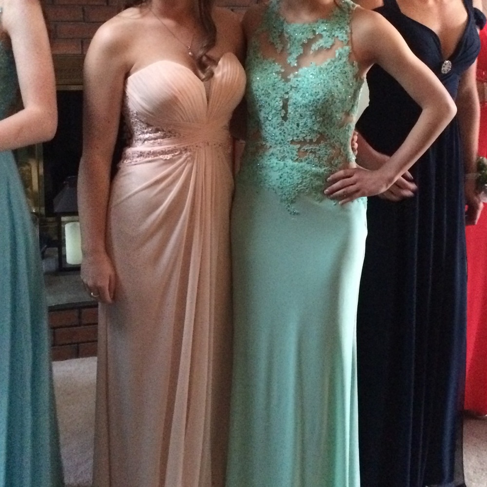 blush pink strapless prom dress